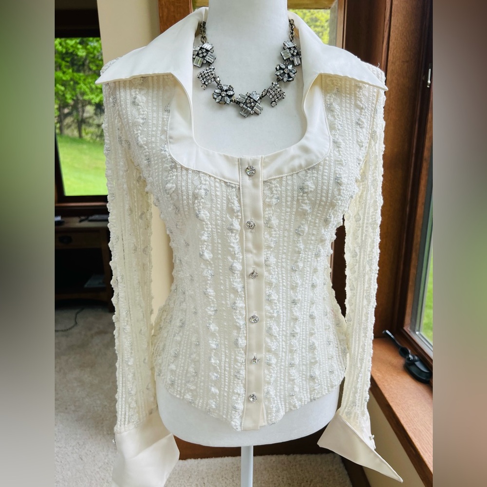 💎JS Collection Cream Off-White Lace Silver Stretch Knit Satin rhinestone Top 8